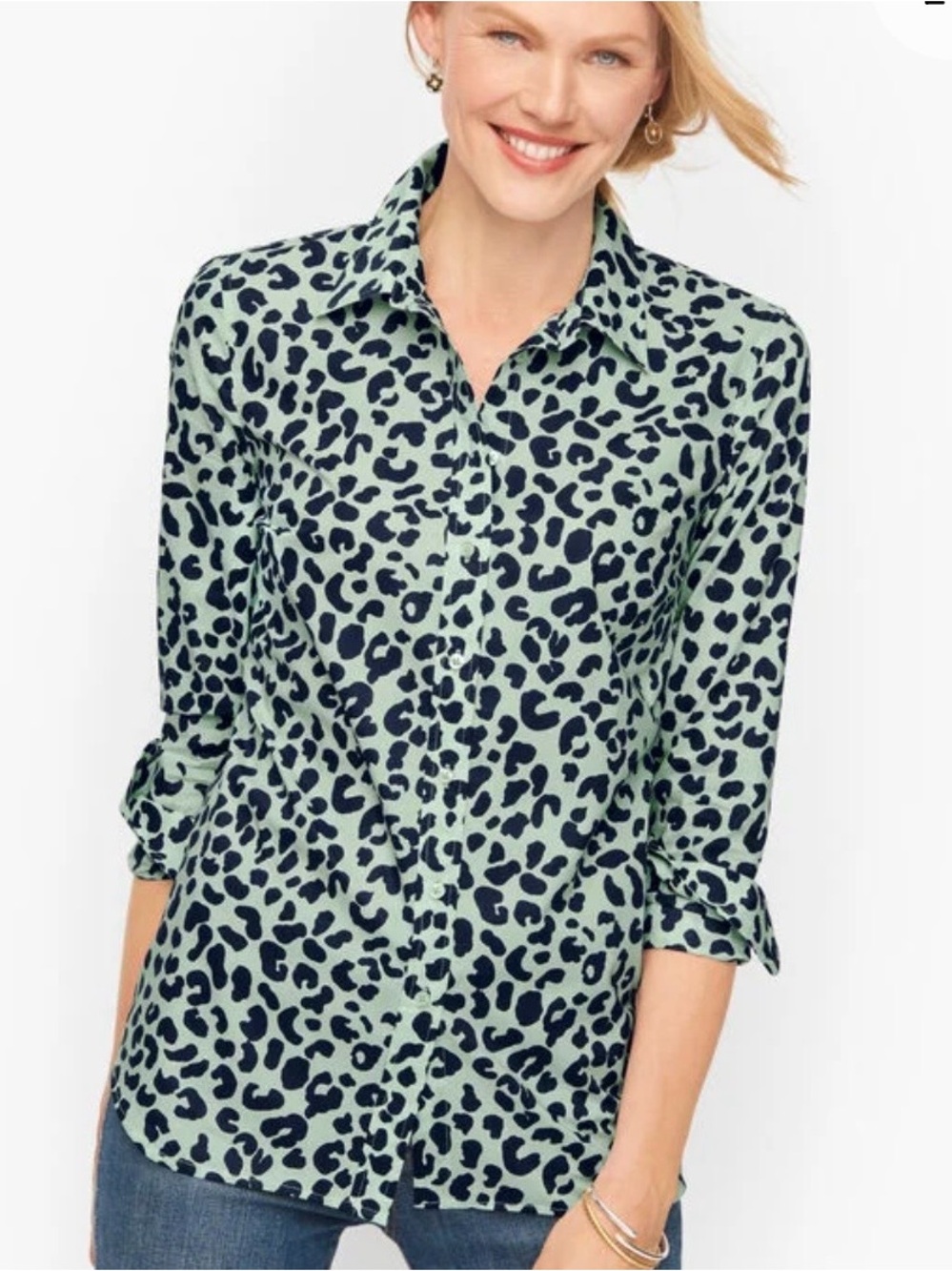 Talbots MP Blouse Button Up Long Sleeve Green Leopard Print Shirt Cotton